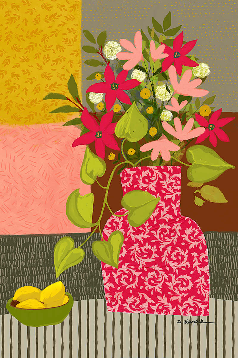 Boho Bouquet in Red Vase by Debbie Warnock  Image: A colorful mix of playful patterns