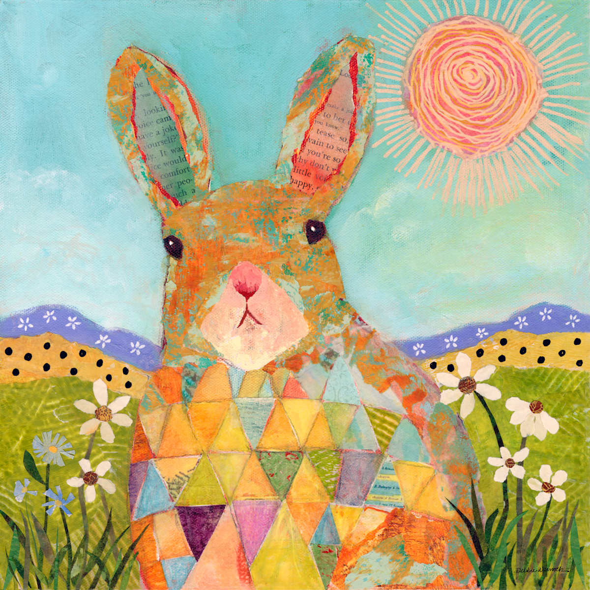 Bunny’s Happy Holiday by Debbie Warnock  Image: Beatrice Bunny sunning her back among the flowers and grasses!