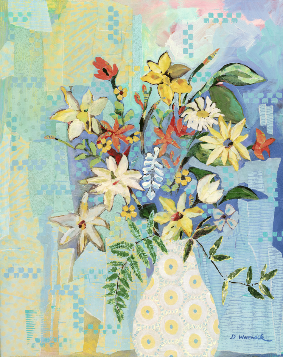 Flowers for a Friend by Debbie Warnock  Image: The original was made with torn printed papers of my hand painted designs.  Soft shades of yellow and blue in the background are paired with delicate white, yellow and carmine flowers, creating a whimsical and textured design. 

