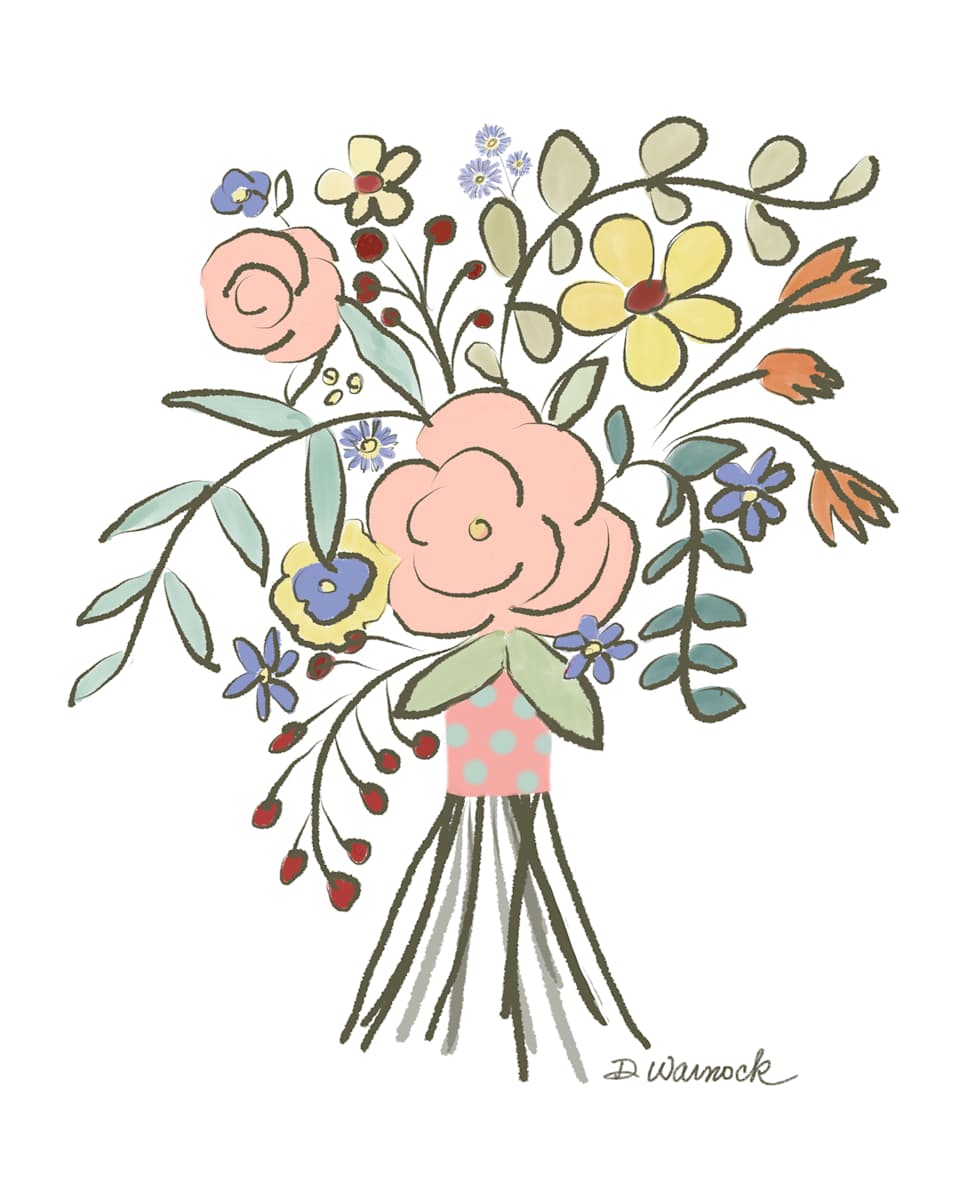 Saucy Pink and Yellow Nosegay by Debbie Warnock  Image: Delicate shades of pink, blue, and yellow flowers, accented with sage green leaves and bronze berries are all tied together with a playful pink polka dot ribbon!