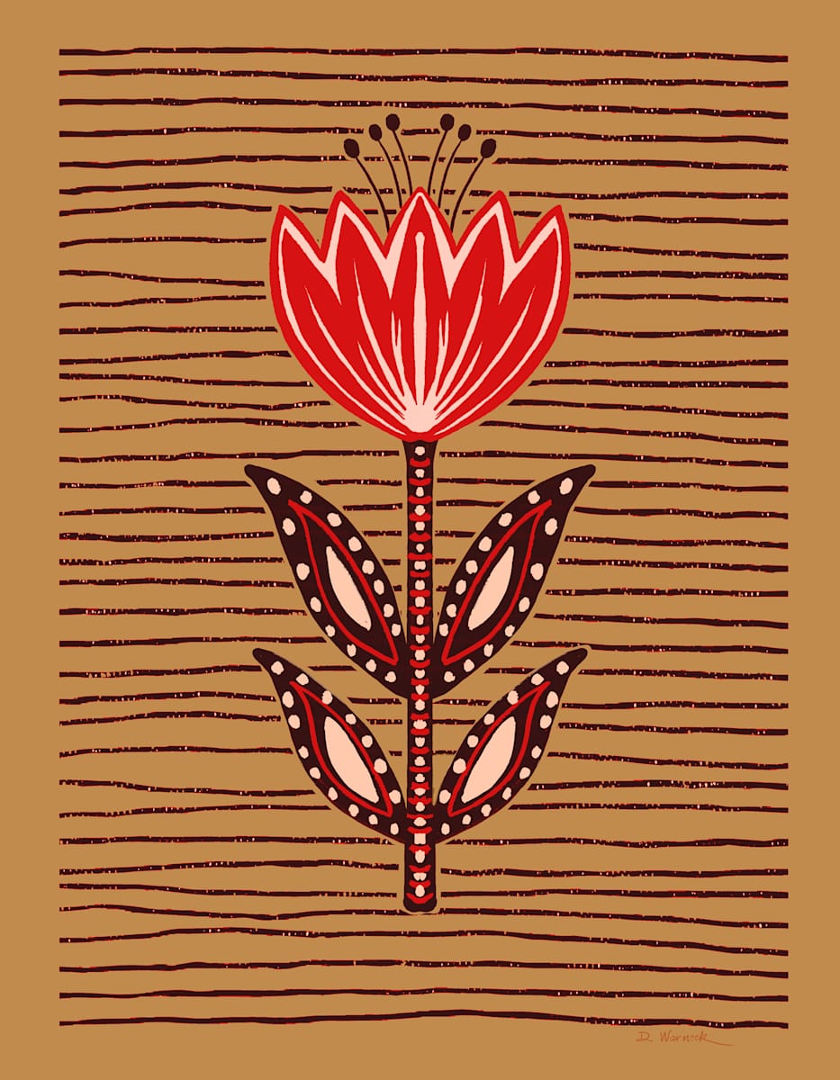 Red Tulip on Brown by Debbie Warnock  Image: One of a set of 4 Stylized Red Tulips with different color backgrounds: Pink, Yellow Ochre, Teal and Brown.  Collect all four and hang them as a group. 