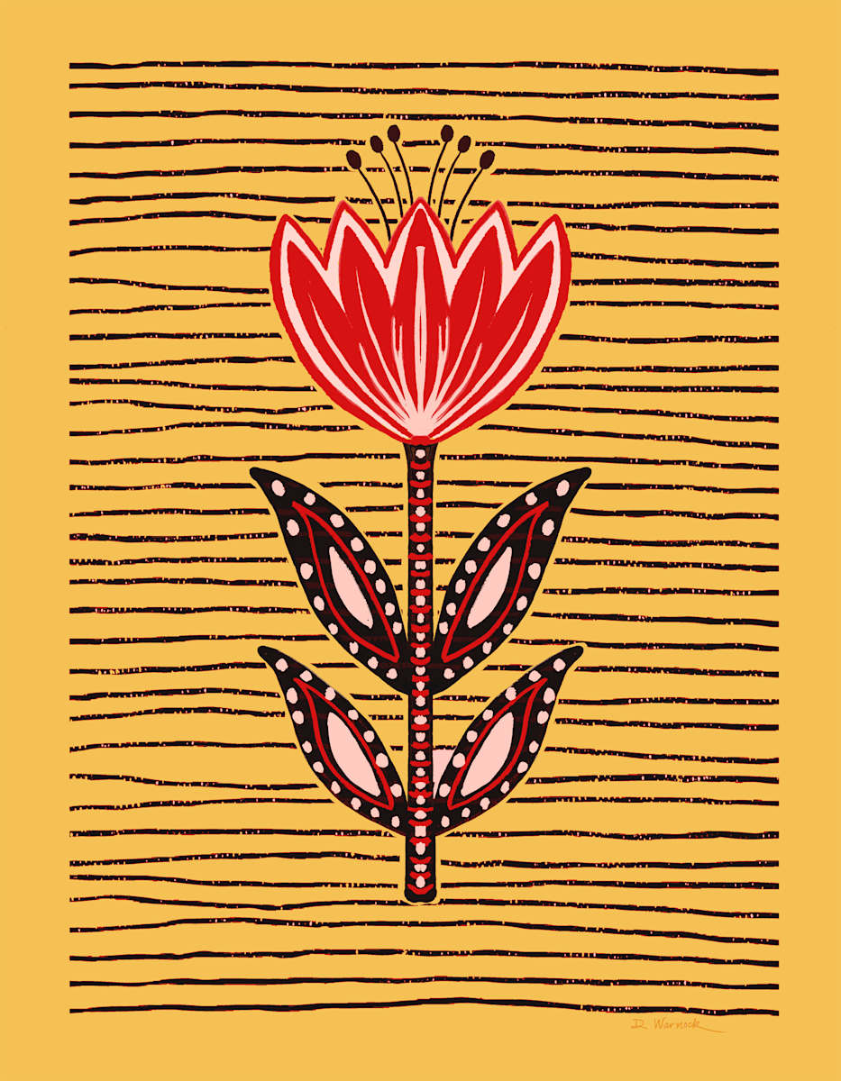 Red Tulip on Yellow Ochre by Debbie Warnock  Image: One of a set of 4 Stylized Red Tulips with different color backgrounds: Pink, Yellow Ochre, Teal and Brown.  Collect all four and hang them as a group. 