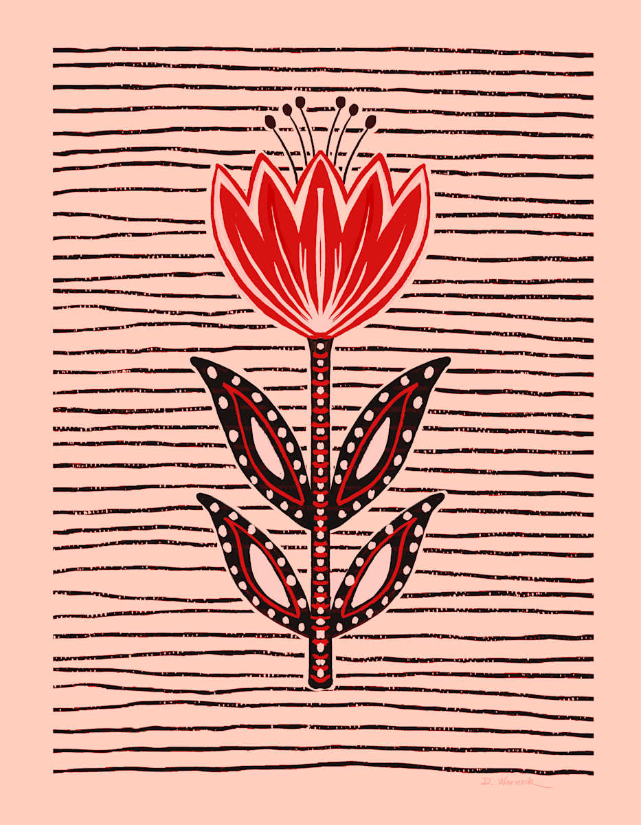 Red Tulip on Pink by Debbie Warnock  Image: One of a set of 4 Stylized Red Tulips with different color backgrounds: Pink, Yellow Ochre, Teal and Brown.  Collect all four and hang them as a group. 