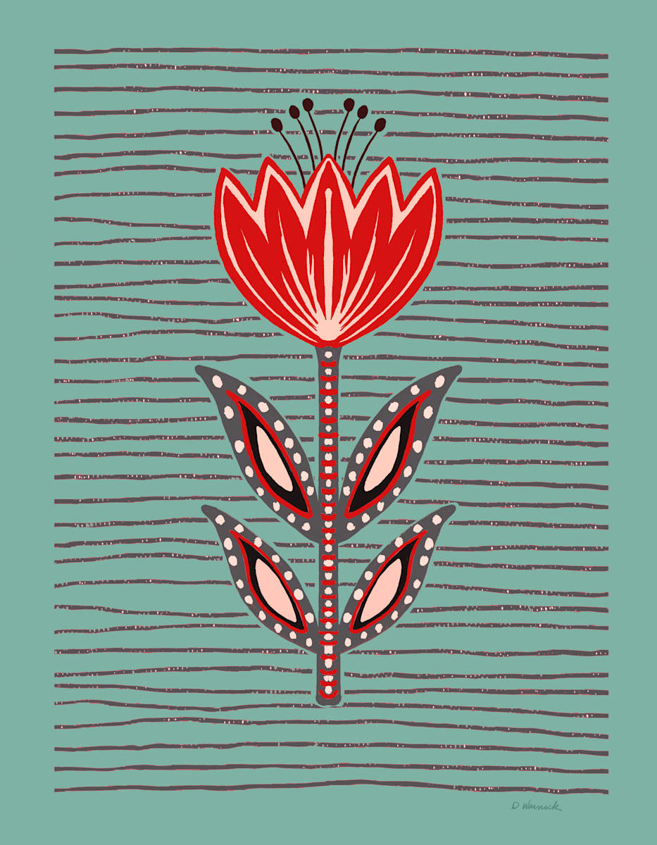 Red Tulip on Teal by Debbie Warnock  Image: One of a set of 4 Stylized Red Tulips with different color backgrounds: Pink, Yellow Ochre, Teal and Brown. Collect all four and hang them as a group.