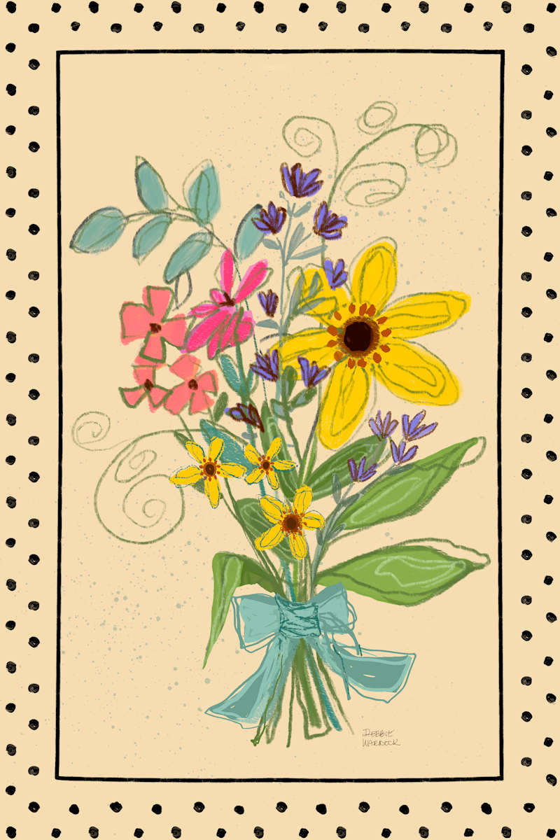 Simply Sweet Bouquet by Debbie Warnock  Image: A cheerful summer bouquet set against a cream background with a black polka dot border