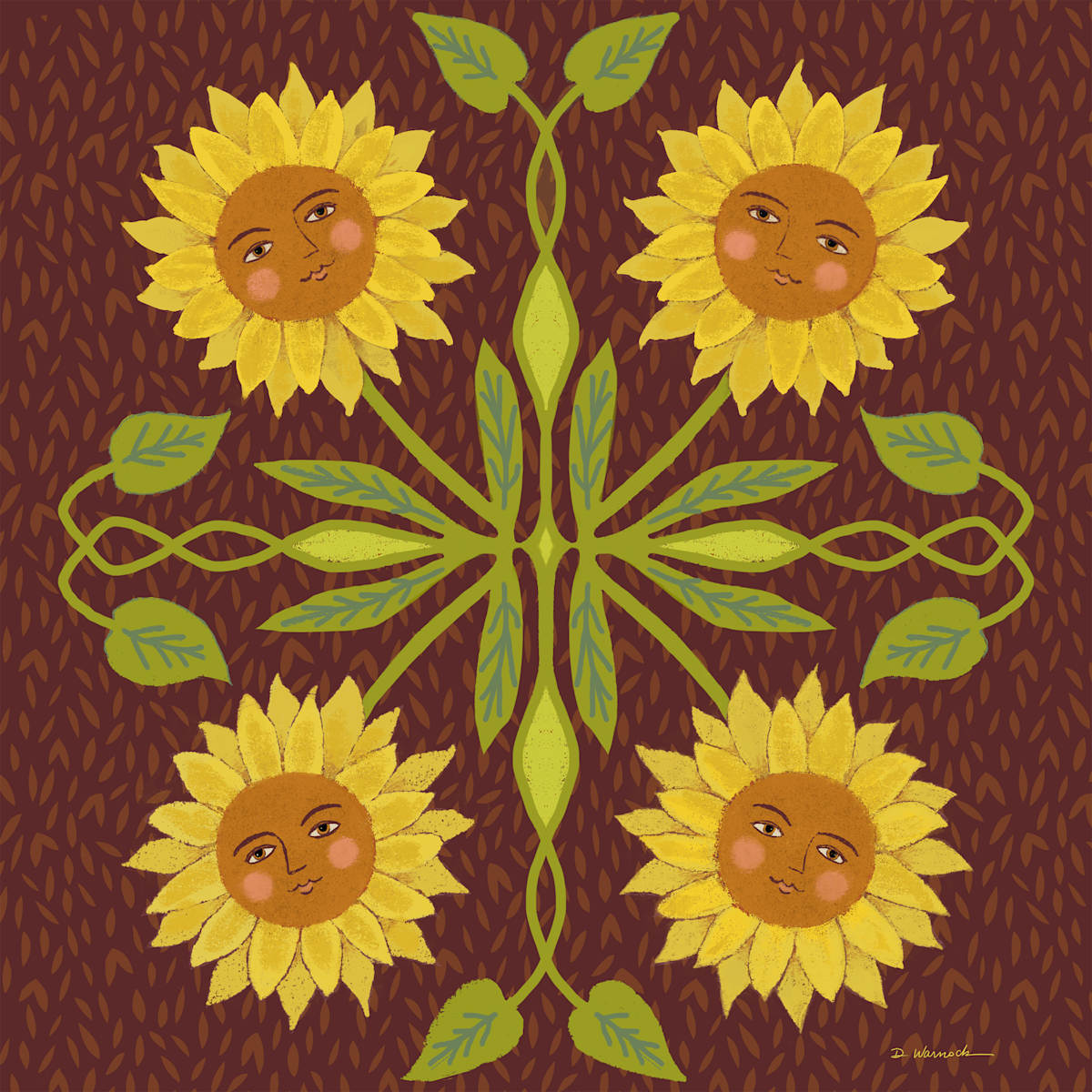 Sunflower Girls by Debbie Warnock  Image: A playful, symmetrical archival giclee print that features four cheerful sunflower faces in a folk art style in rich browns, yellows, and greens. 