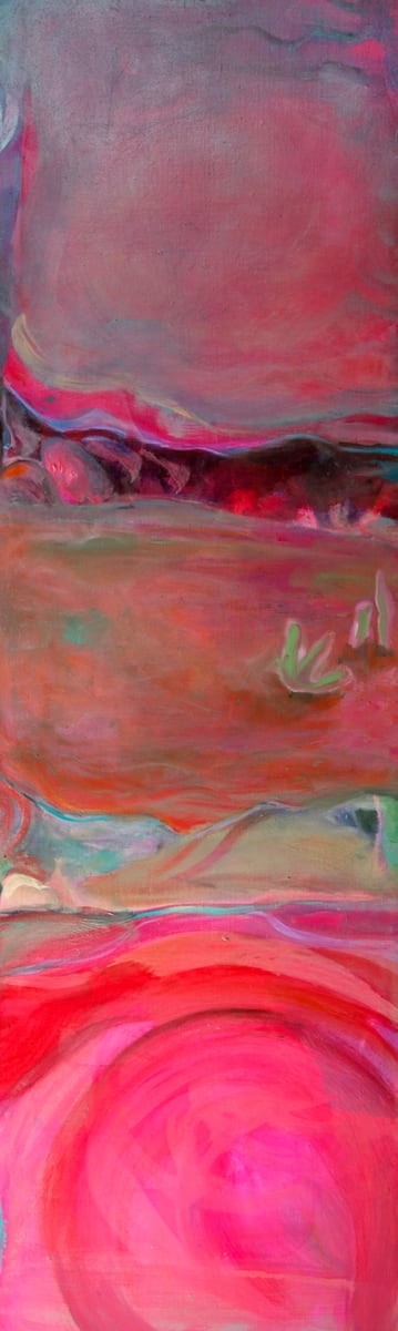 Desert Mirage Hot Pink  Image: Color saturated in hot pink and complementary green tones, this oil on wood panel artfully evokes a mirage in the desert heat. 