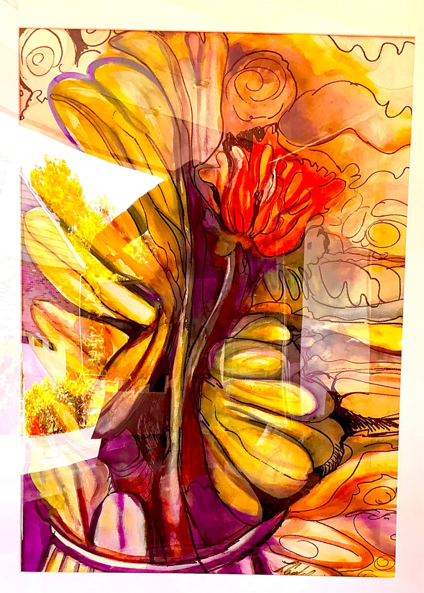 First Bloom  Image: Watercolor on 100% cotton rag paper from Arches, depicts a first awaited spring bloom in the garden. Wind and motion, typical of the spring season, can also be imagined. 