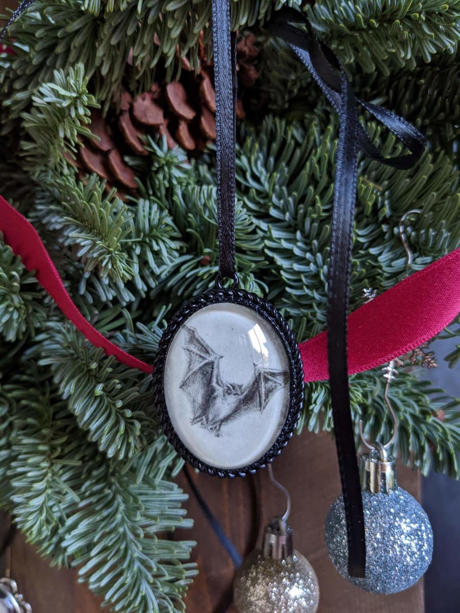 Little Brown Bat - Black Metal & Glass Original Art Ornament 