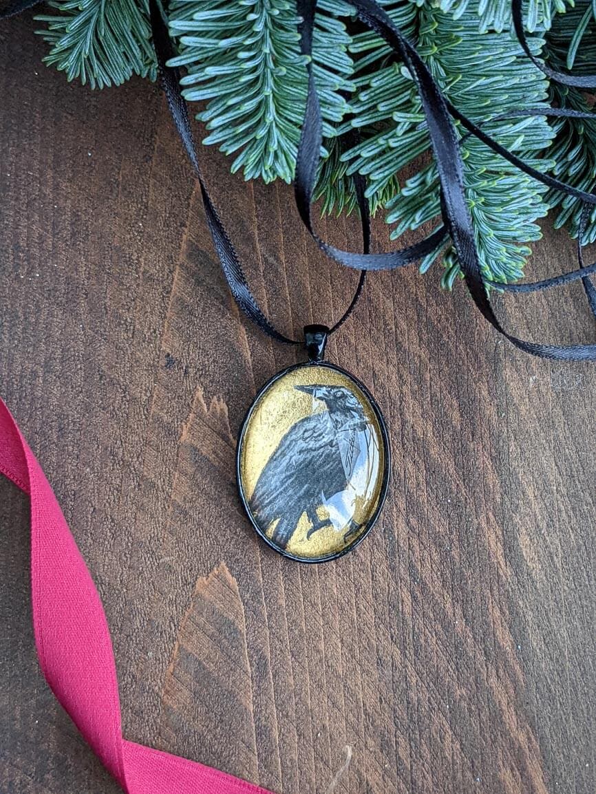 Raven Portrait- Gold Leaf, Black Metal & Glass Original Art Ornament 