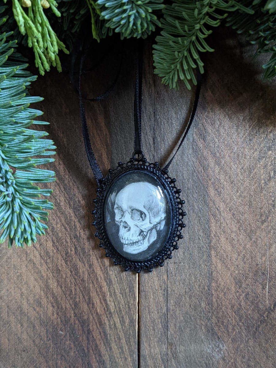 Human Skull 3 Quarter - Black Metal & Glass Original Art Ornament by Layil Umbralux 
