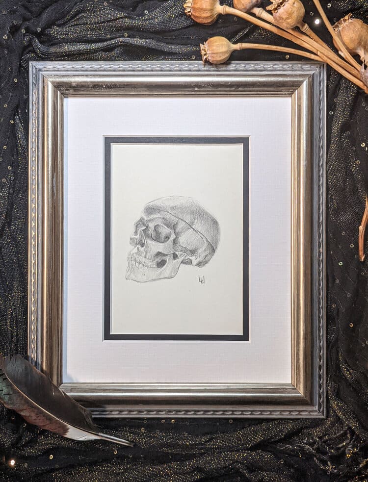 "Of what Materials?" - Original Drawing of Human Skull - Framed Mantle Art  Image: Original Drawing of Human Skull - Framed Mantle Art