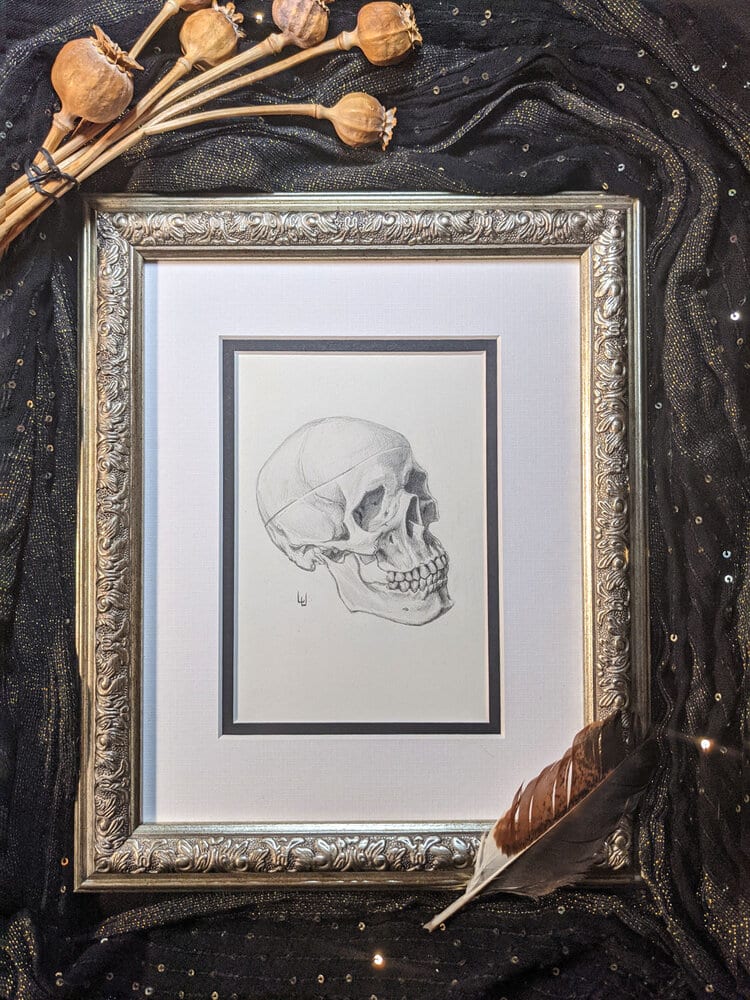 "Thus Fortified"-Original Drawing of Human Skull - Framed Mantle Art  Image: Original Drawing of Human Skull - Framed Mantle Art
