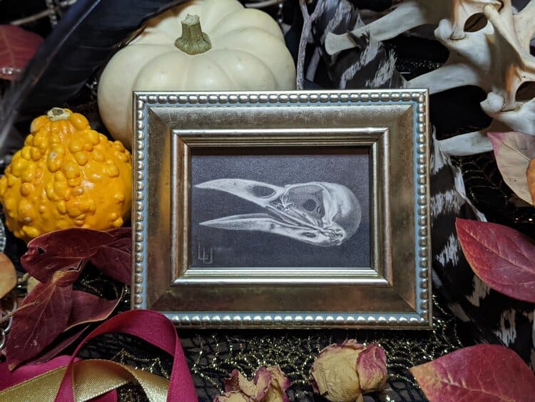"His Eyes Have All the Seeming" - Original Drawing of Crow Skull - Framed Small Mantle Art  Image: Original Drawing of Crow Skull - Framed Small Mantle Art