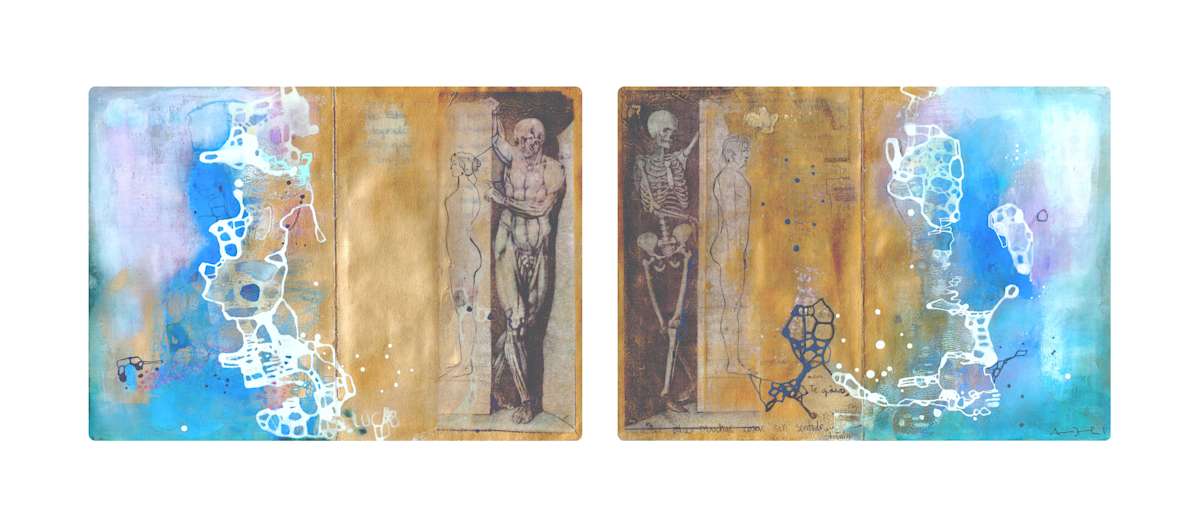 3_As We Part by Andreina Davila  Image: Este díptico horizontal juega con la dialéctica de la luz y la sombra, abriendo un eco visual que se escapa de los márgenes. Dos fragmentos pertenecientes a una misma página del diario dialogan en tensión con un dibujo anatómico tambien separado, trazando un paisaje emocional de ruptura contenida y fuga íntima.