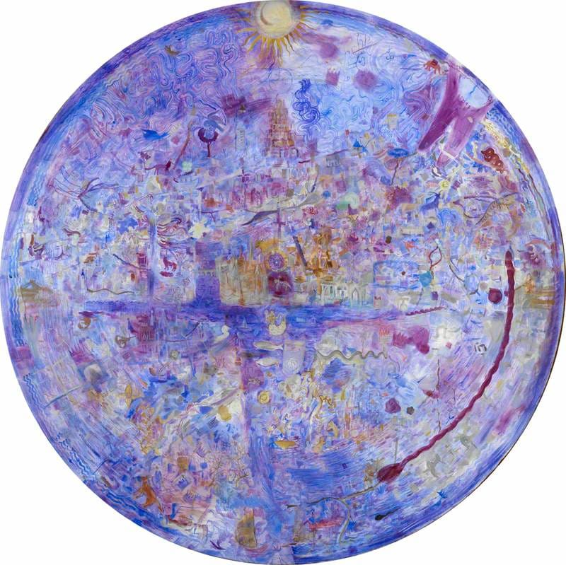 Mappa Mundi by Andrea McLean  Image: Mappa Mundi, oil on linen on bell wheel 2005
