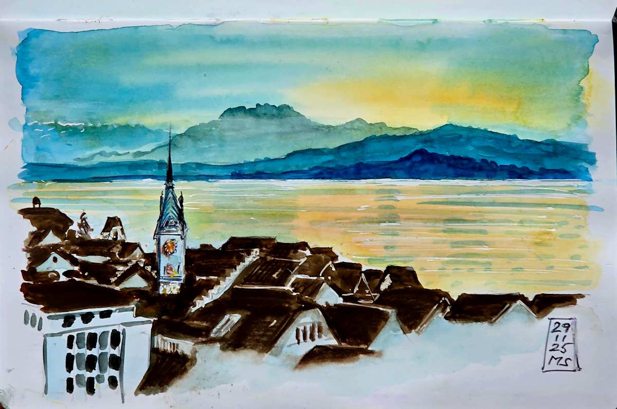 Zug am Abend by Martin Spillmann  Image: Winterabend auf dem Guggi über der Zuger Altstadt