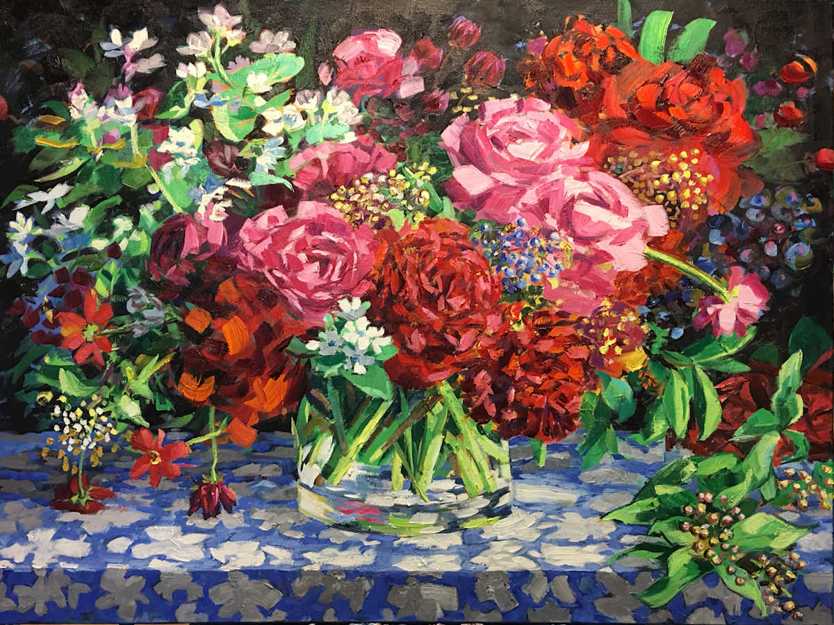 Red Bouquet (On Blue and White Patterned Cloth) by Margaret Owen, Image 1.