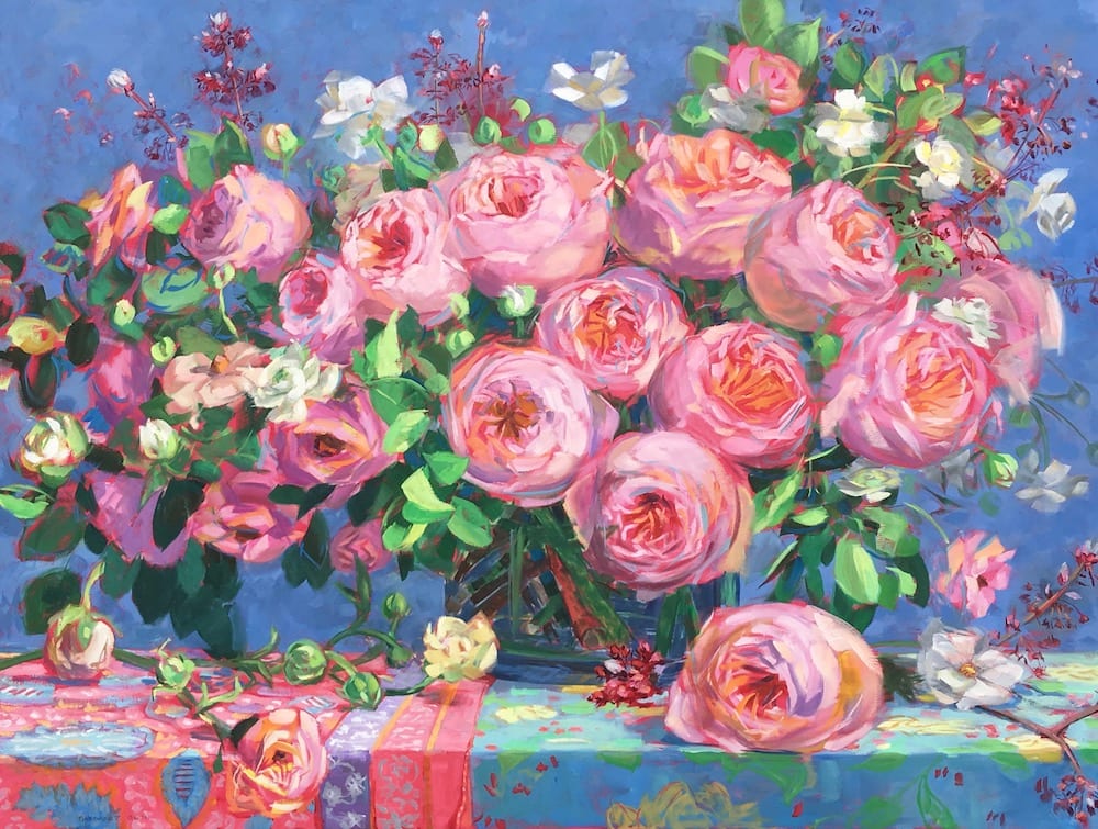 Pink Garden Roses With Butterfly Ranunculus And Gardenia Foliage by Margaret Owen , Image 1.
