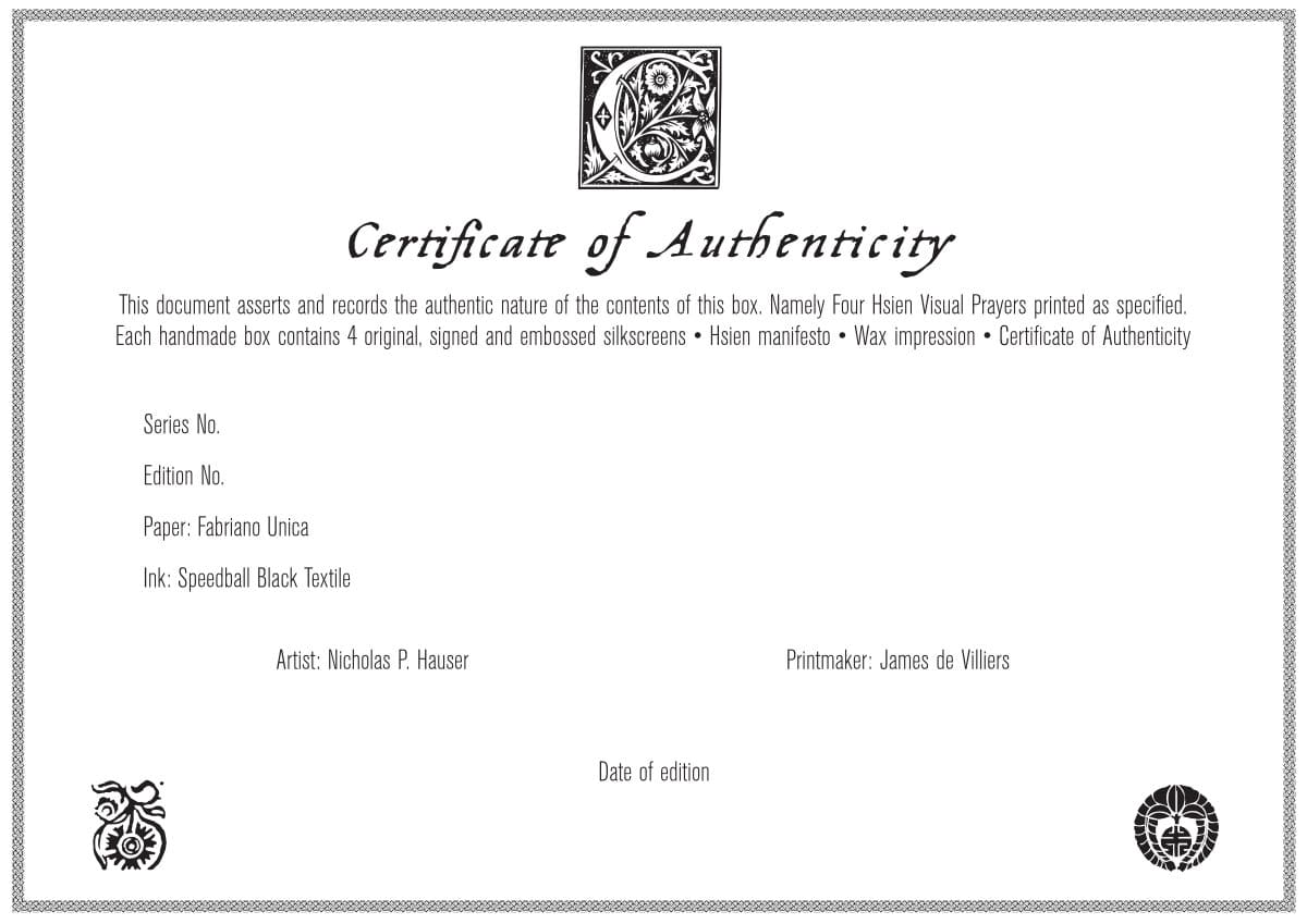 Hsien Prayer Print Portfolio Certificate of Authenticity by James de Villiers 