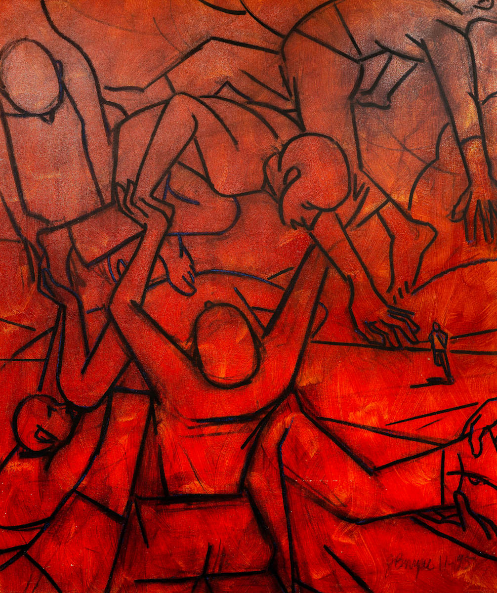 Black Line Figures on Red by James Burpee, Image 1.
