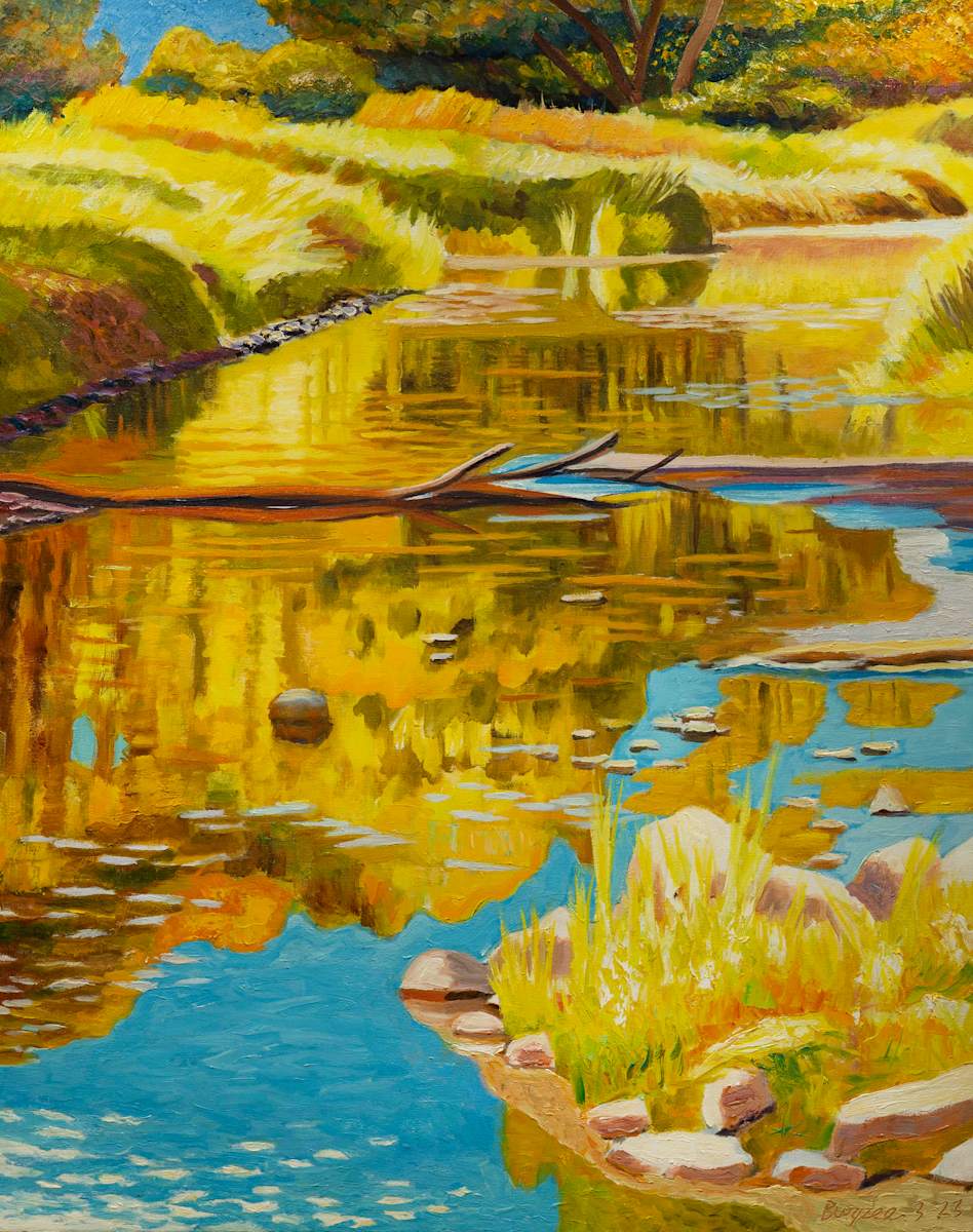 Yellow Trees Reflected in Water by James Burpee, Image 1.