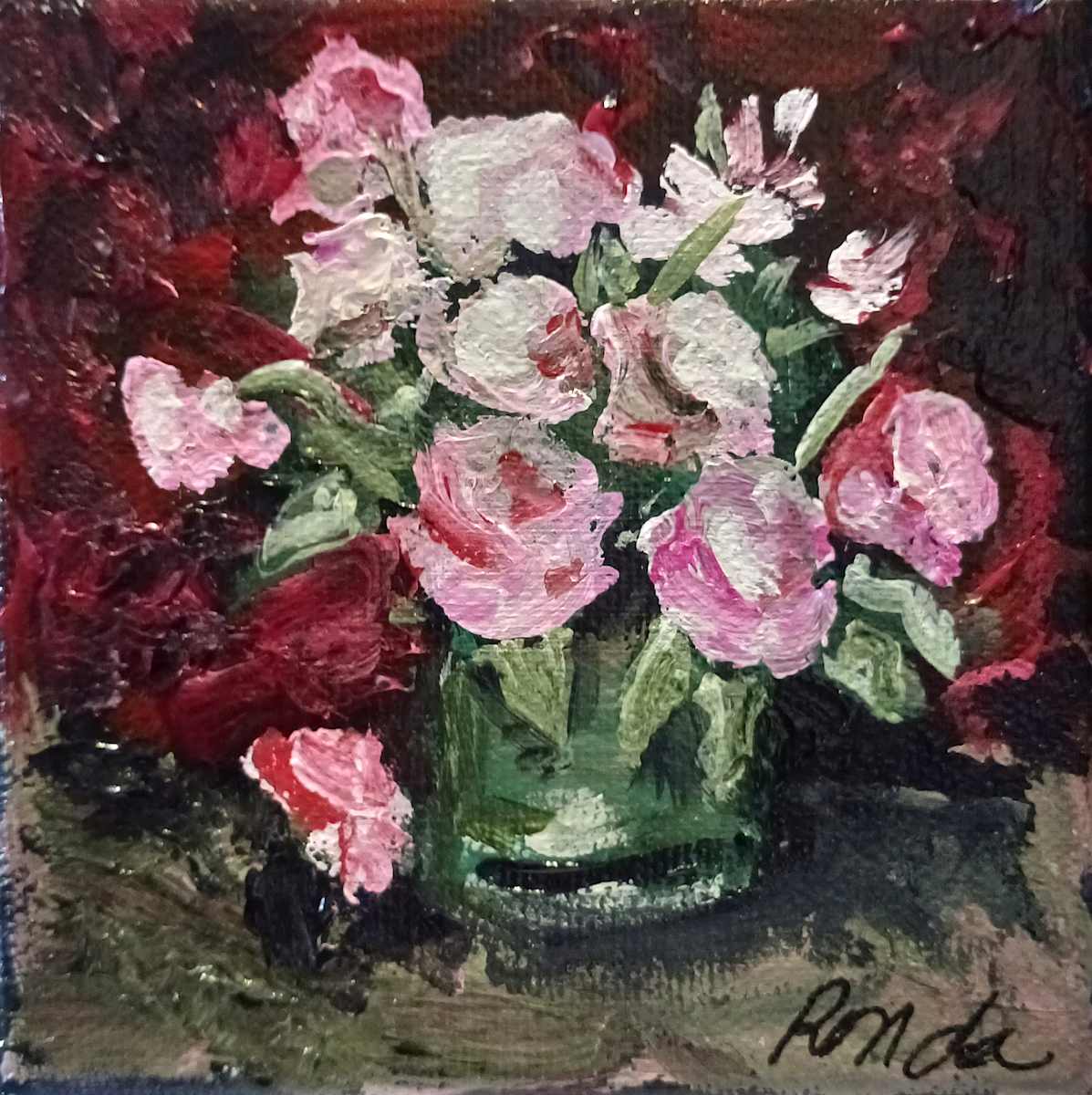 Mini Pink Blooms on Burgundy by Ronda Richley 