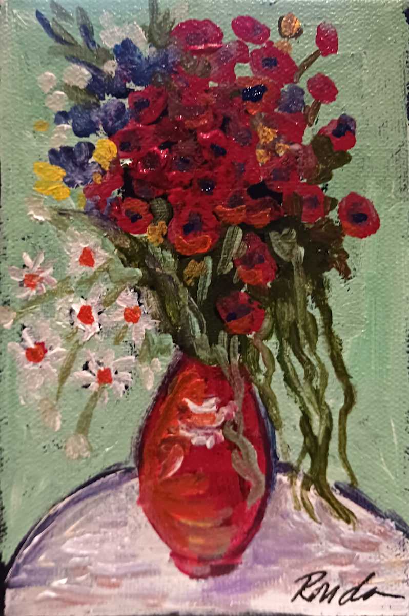 Mini Vase of Red Flowers by Ronda Richley 