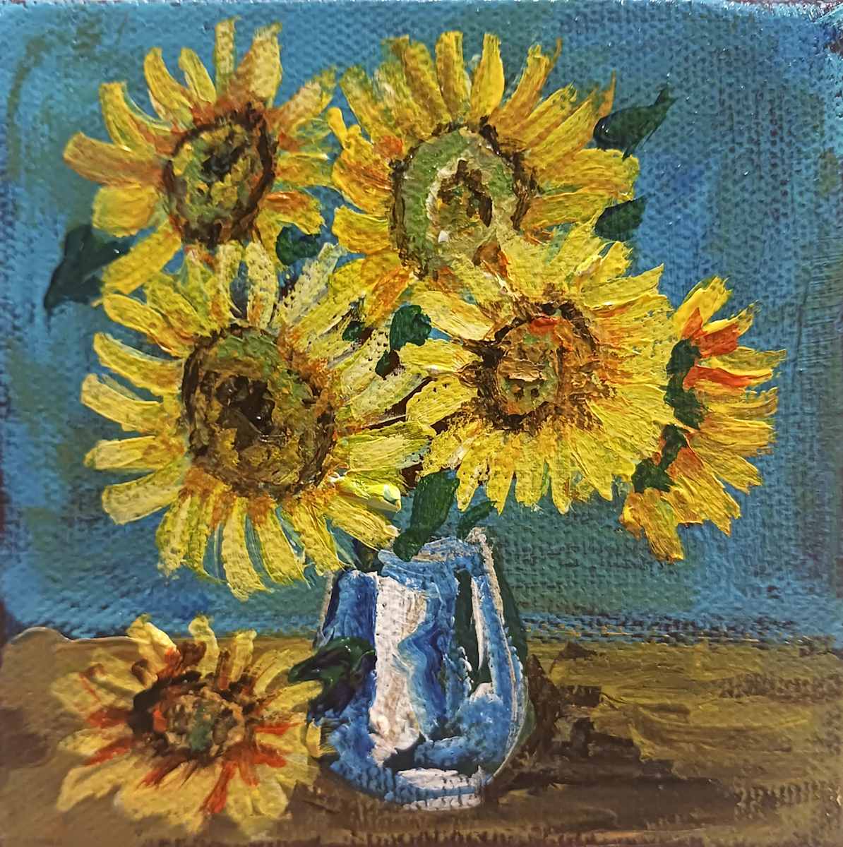 Mini Sunflowers in a Blue Vase by Ronda Richley 