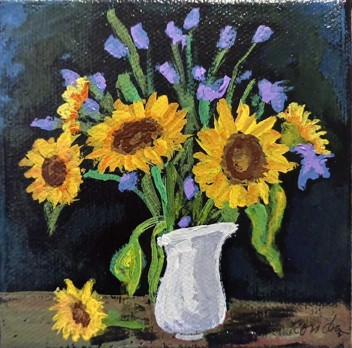 Mini Sunflowers in White Pot by Ronda Richley 