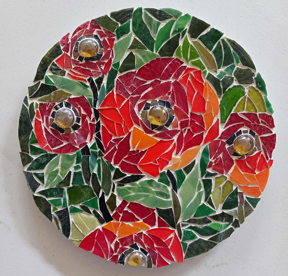 Red Flowers on Green Mosaic by Ronda Richley 