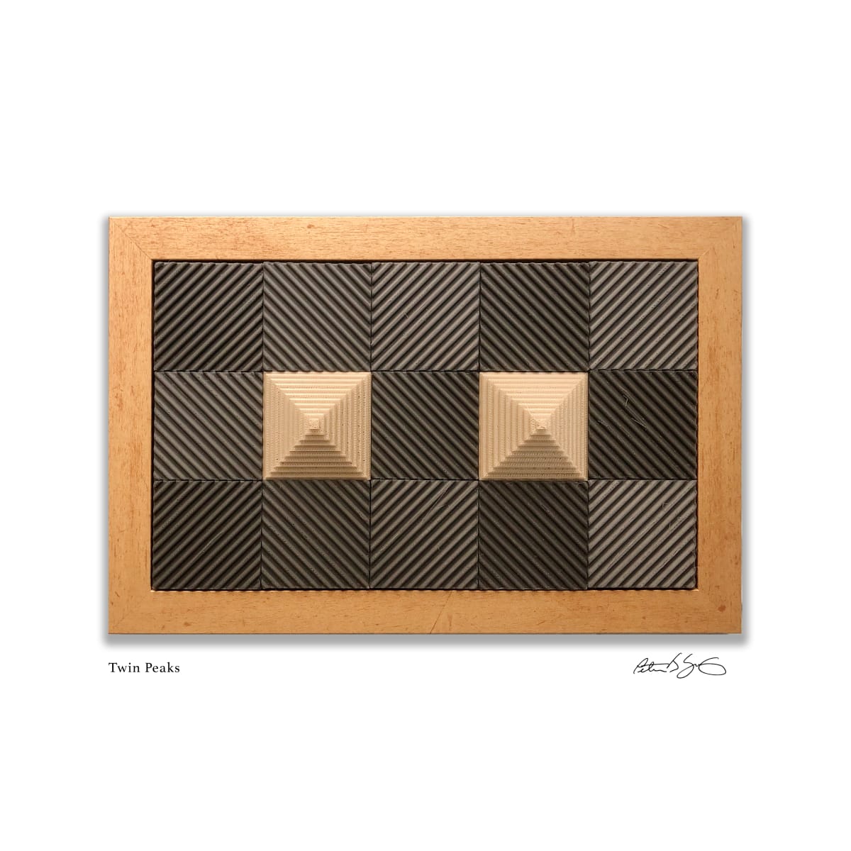 Twin Peaks by Peter J Sucy Digital Arts  Image: Gold step pyramids surrounded by dark gray diagonal lined tiles.