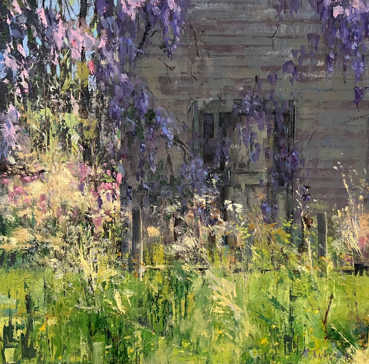 Lovely Intruder by Nancy Tankersley  Image: The wisteria was especially beautiful and vigorous this year in Southeast Virginia. Mostly painted with palette knife I wanted to express the energy and strength of the fast growing foliage around an abandoned farmhouse, which was slowly losing the battle with nature.