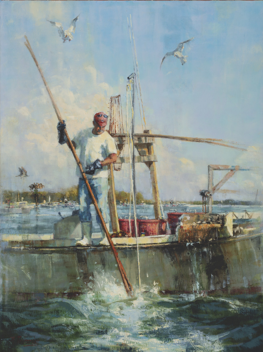 Podgin' For Oysters by Nancy Tankersley  Image: Featured Painting for 2019 Waterfowl Festival in Easton, MD. This painting shows an iconic Chesapeake Bay scene, a waterman standing on the gunnels of his boat using tongs to gently probe the bottom for oysters. This is a method of oystering that has been used for hundreds of years and is still the favorite method of many watermen. (Posters available for sale through D'Art Center)