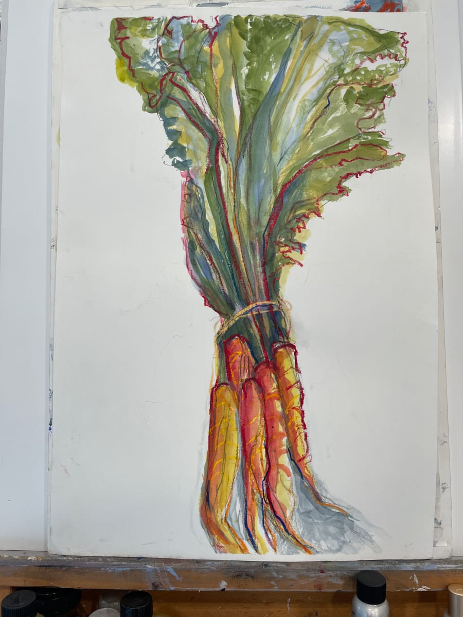 don't forget the carrots by beth vendryes williams  Image: Need inspiration for eating your veggies?  I always love the way carrots look **before** you take the greens off!  

 After filling our burlap bags from the Community Supported Agriculture (CSA), I am torn between cooking and painting!  Whipping out the watercolors, the intense flow of orange flows over the red crayon structure.  Capturing the elegance of this graceful delicious root inspires me of the beauty to be found in connecting with the earth.