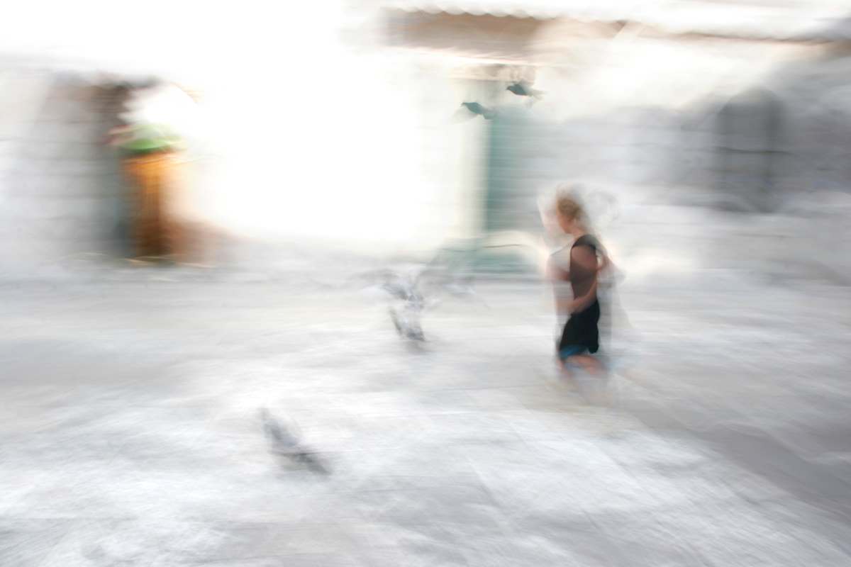 Girl chasing pigeons by Sonja Wrethman Behrens, Image 1.