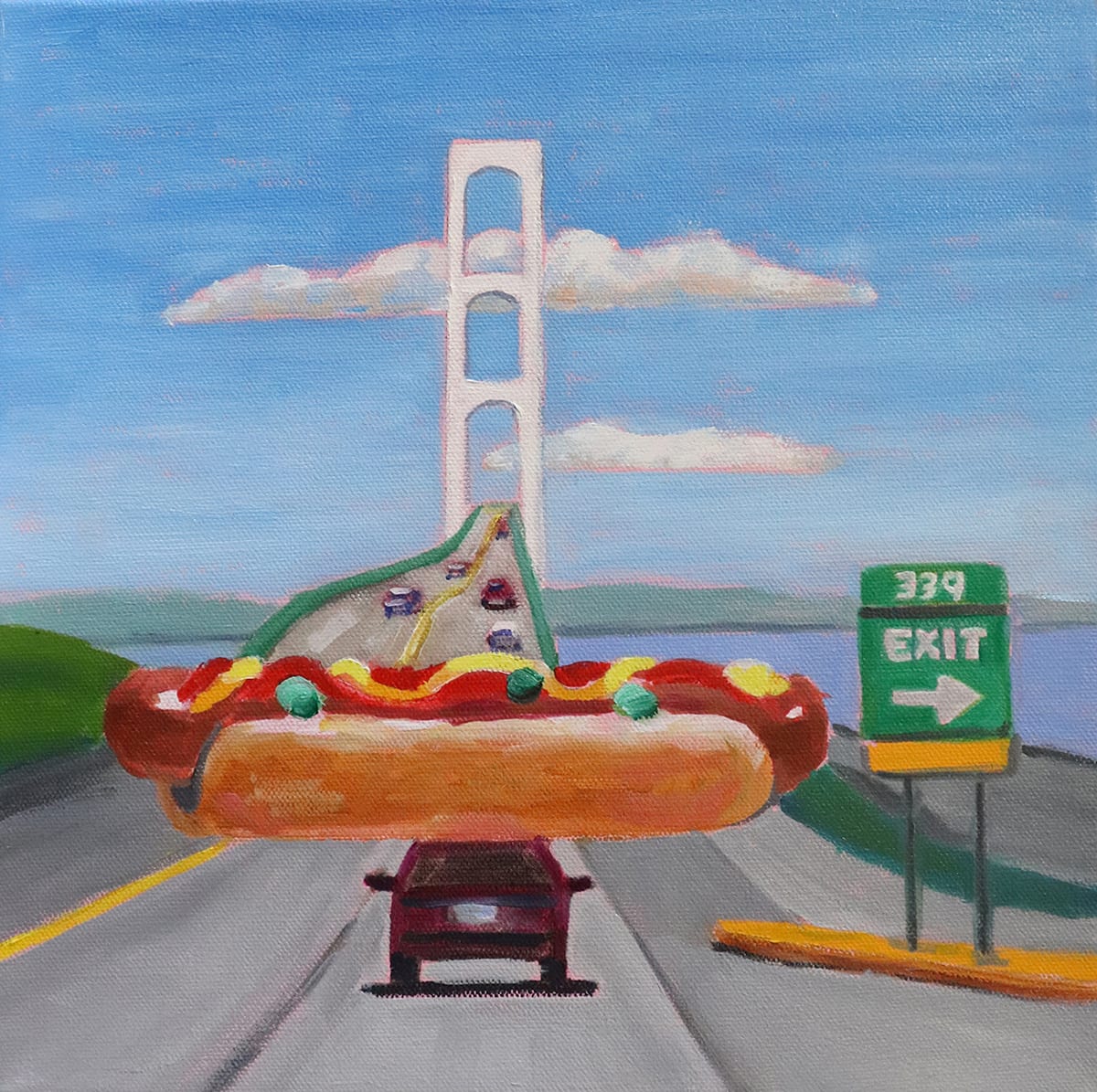 Exit 339 by Judy Kelly  Image: On the ramp leading to the Mackinaw Bridge, I was struck by the juxtaposition of the nearby super-sized horizontal Weinerlicious hot dog sign and the vertical towers of the Mighty Mac.  My whimsical interpretation leads to a bevy of questions.  Will the dog snag on the tower while going through?  Will the Weinermobile become airborne lifted by the notorious strait winds?  Is the car a pastie introducing the hot dog to the UP?  You are invited into the scene to speculate on the fate of this Dog and Car story.
Winner of Merit Award at the Food Is Art/Art Is Food Exhibition, Glen Arbor Arts Center, May 2021.