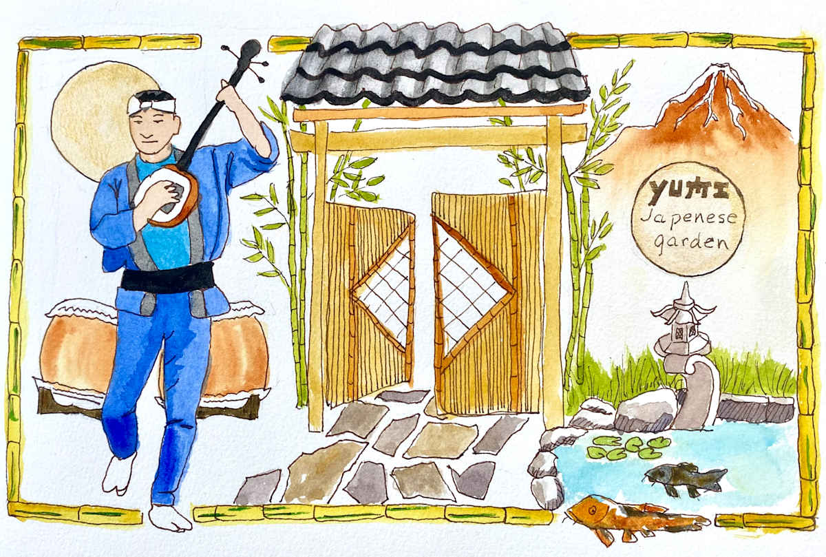 Yume Japanese Gardens Sketch by Judy Kelly  Image: Japanese Drumming at the garden