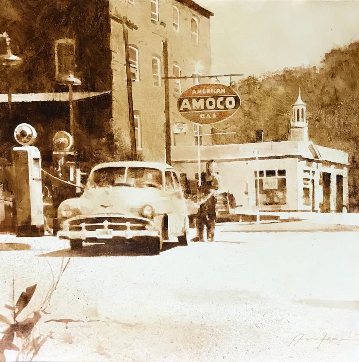 AMOCO, BRIDGE STREET, BELLOWS FALLS VT, EARLY 1950’S by Charlie Hunter 