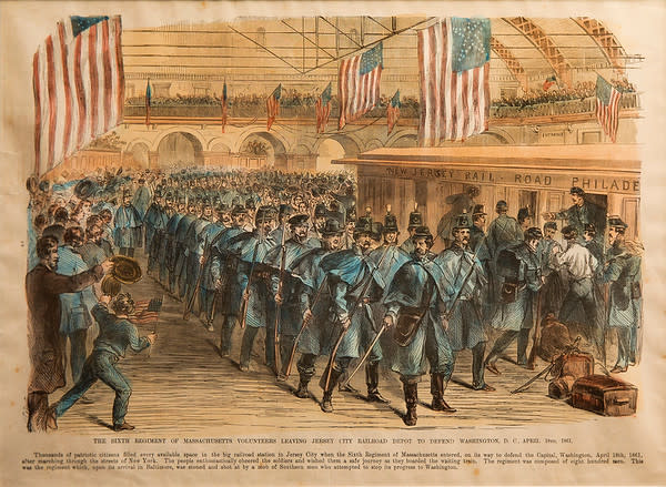 The Sixth Regiment of Massachusetts Volunteers Leaving Jersey City Railroad Depot by Artist Unknown 