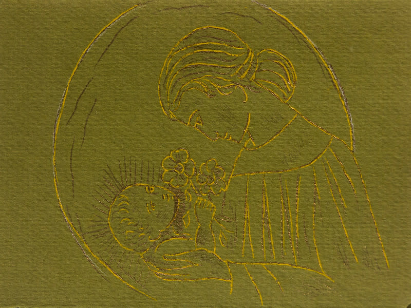 Untitled (Madonna and Child--Gold and Brown Ink on Olive Green Paper) by Maria Immaculata Tricholo also known as  Sister Mary Gemma of Jesus Crucified, O.P. 