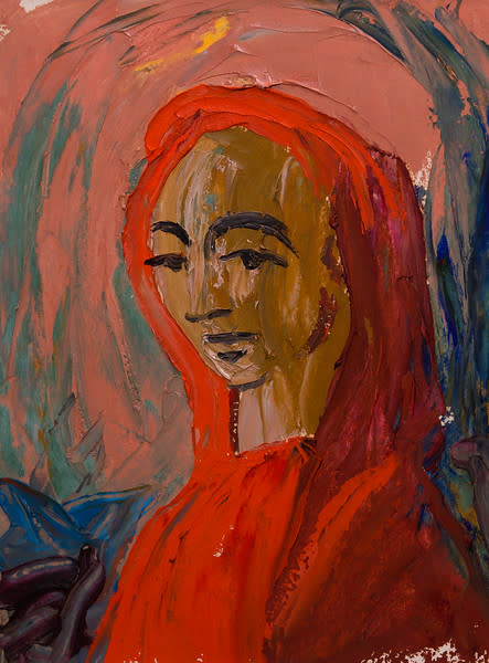 Untitled (Painted Figure Facing Left--in Red with Red Headdress against a Pink and Blue Background) by Constance Mary Rowe also known as Sister Mary of the  Compassion, O.P. 