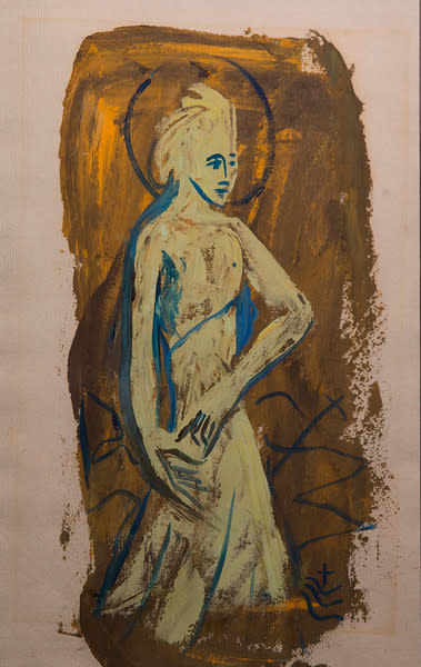 Untitled (Yellow Painted Figure with Blue Lines on Yellow-Brown Background) by Constance Mary Rowe also known as Sister Mary of the  Compassion, O.P. 