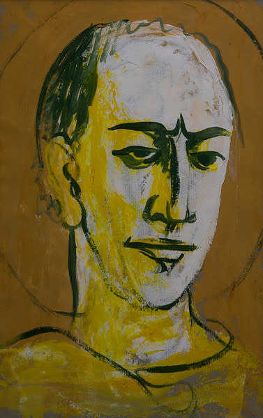 Untitled (Yellow and White Painted Portrait of Bald Frowning Man with Halo) by Constance Mary Rowe also known as Sister Mary of the  Compassion, O.P. 