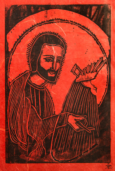 Untitled (Jesus with Bird--Black Ink on Orange-Red Paper) by Maria Immaculata Tricholo also known as  Sister Mary Gemma of Jesus Crucified, O.P. 