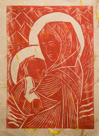 Untitled (Madonna and Child--Dark Red Ink on Tan Paper with Gold Threads) by Maria Immaculata Tricholo also known as  Sister Mary Gemma of Jesus Crucified, O.P. 