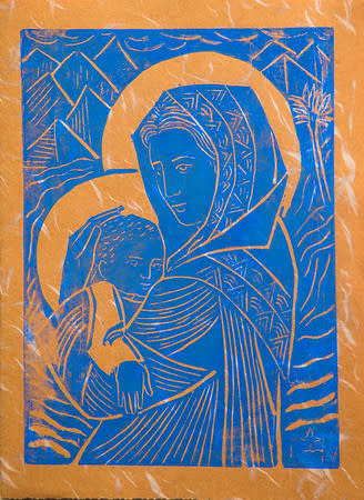 Untitled (Madonna and Child--Bright Blue Ink on Brown Paper) by Maria Immaculata Tricholo also known as  Sister Mary Gemma of Jesus Crucified, O.P. 