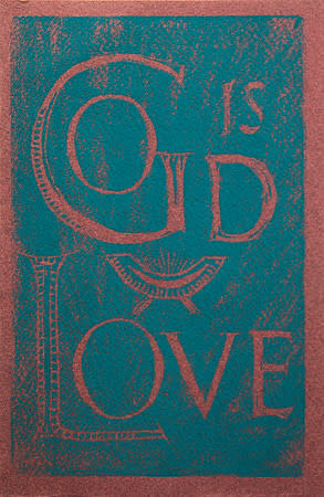 Untitled (God is Love--Blue Ink on Red Paper) by Maria Immaculata Tricholo also known as  Sister Mary Gemma of Jesus Crucified, O.P. 
