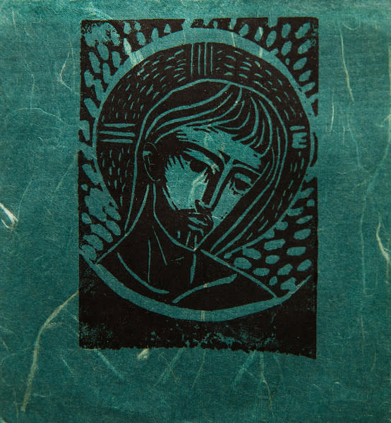 Untitled (Jesus--Black Ink on Dark Green Paper with White Threads and Dark Green Patterned Background) by Maria Immaculata Tricholo also known as  Sister Mary Gemma of Jesus Crucified, O.P. 