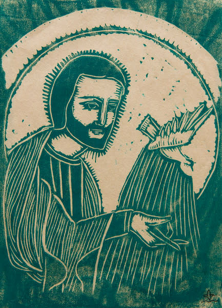 Untitled (Jesus with Bird--Blue-Green Ink on White Paper) by Maria Immaculata Tricholo also known as  Sister Mary Gemma of Jesus Crucified, O.P. 